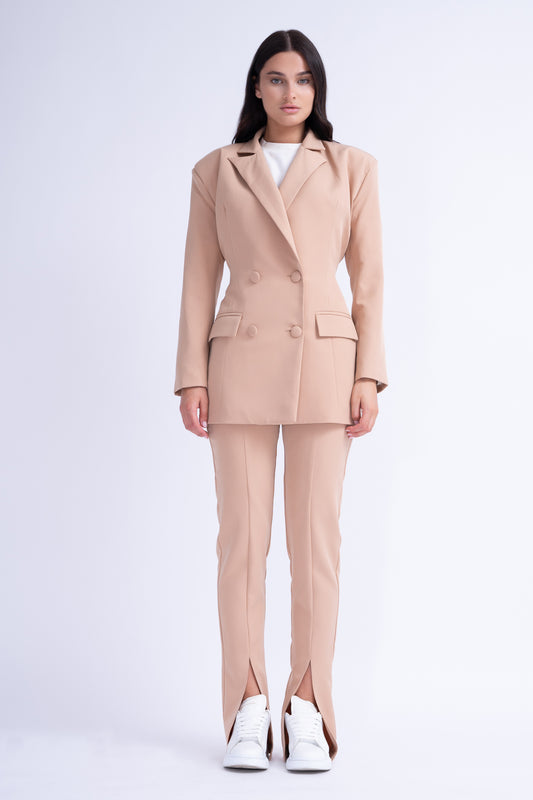 Beige Suit With Tailored Hourglass Blazer And Slim Fit Trousers