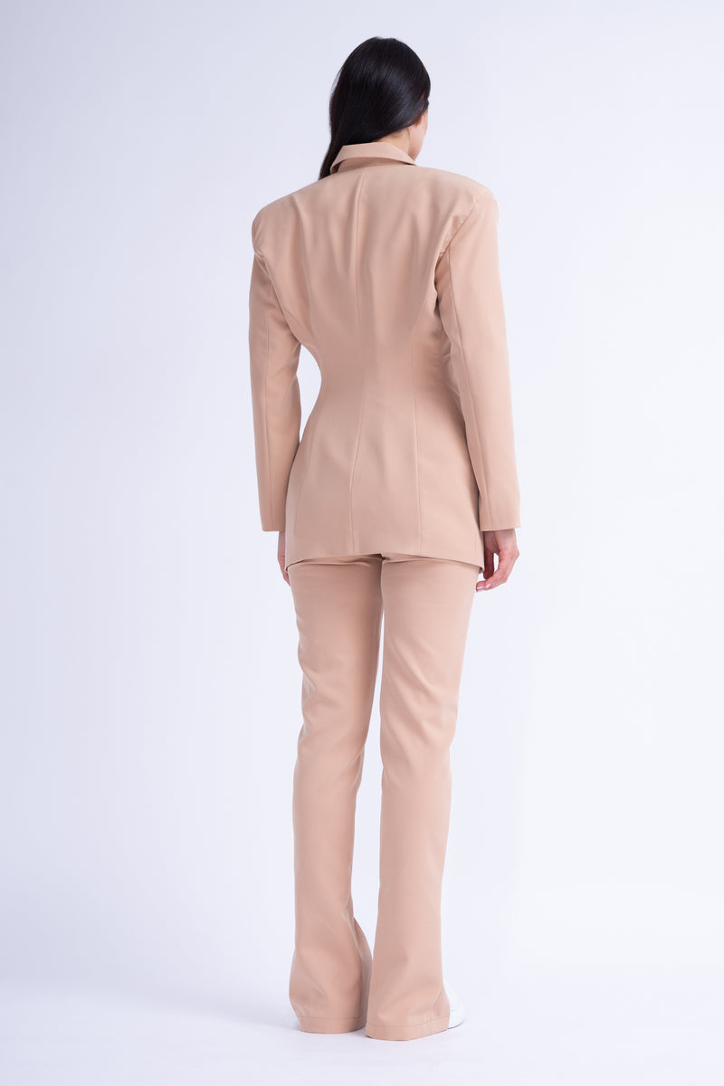Beige Suit With Tailored Hourglass Blazer And Slim Fit Trousers