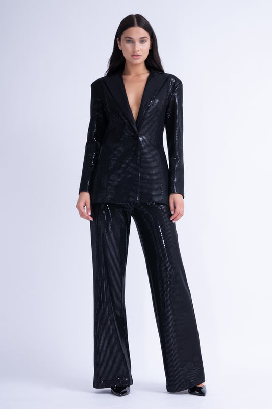 Black Sequins Suit With Fitted Blazer And Straight-Cut Trousers