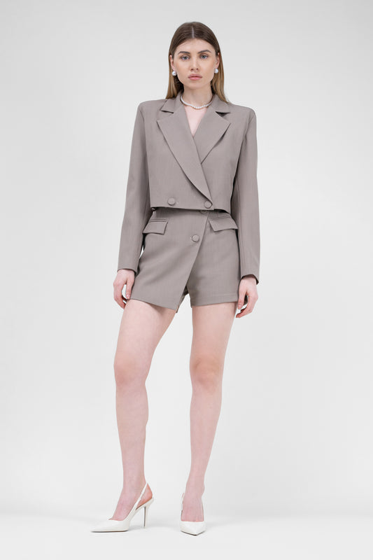 Beige Suit With Cropped Blazer And Skort