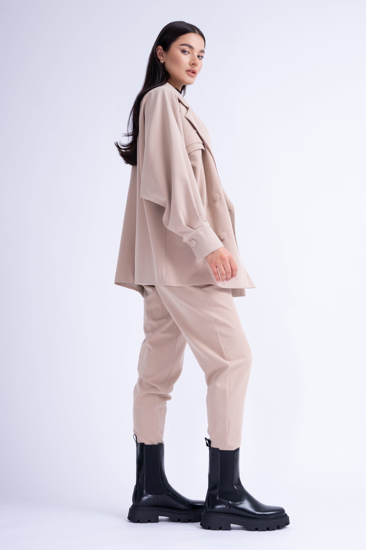 Beige Suit With Oversized Blazer And High-Waist Slim Fit Trousers