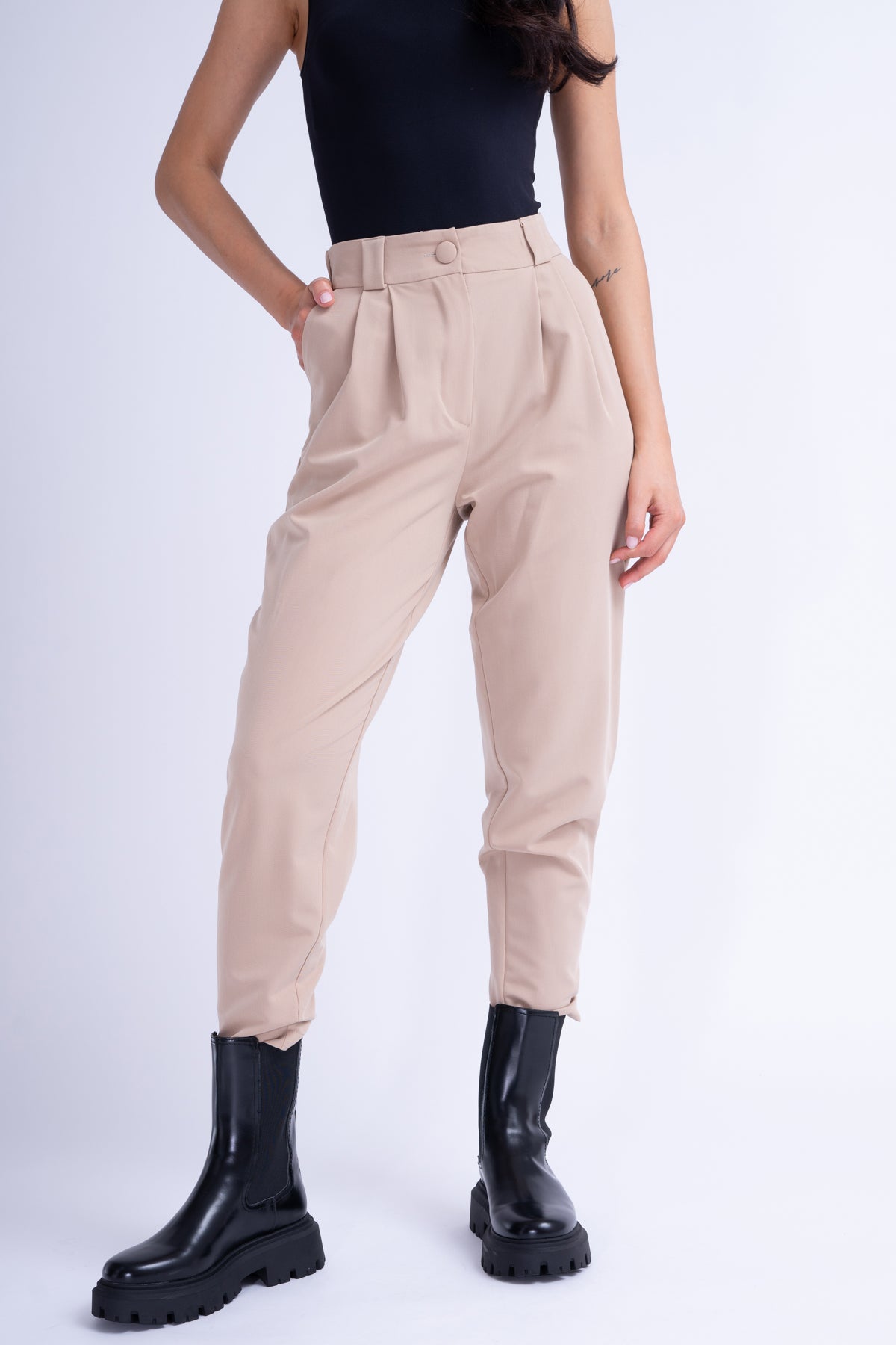 Beige Suit With Oversized Blazer And High-Waist Slim Fit Trousers