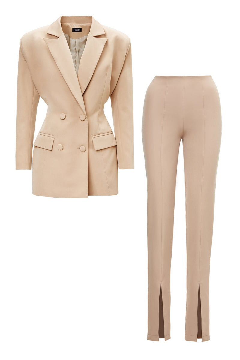 Beige Suit With Tailored Hourglass Blazer And Slim Fit Trousers