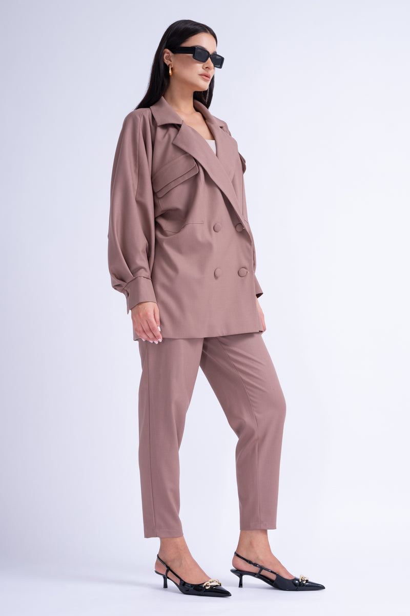 Brown Suit With Oversized Blazer And High-Waist Slim Fit Trousers