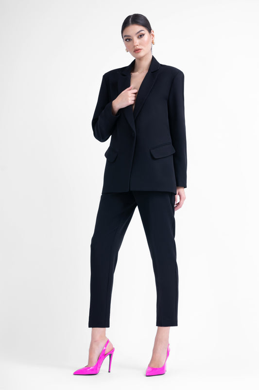 Black suit with regular blazer and cropped trousers