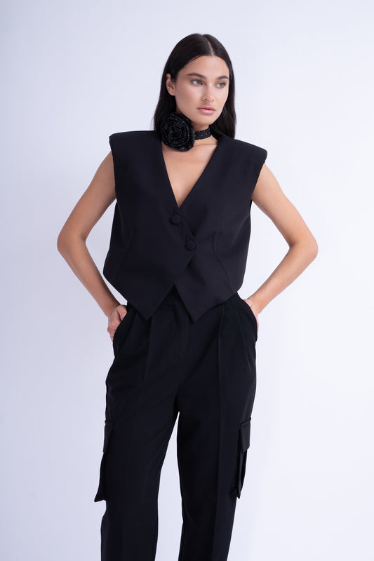 Black Suit With Asymmetrical Vest And Cargo Pants