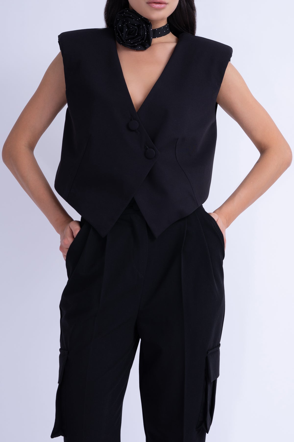 Black Suit With Asymmetrical Vest And Cargo Pants