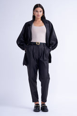 Black Leather High-Waist Slim Fit Trousers
