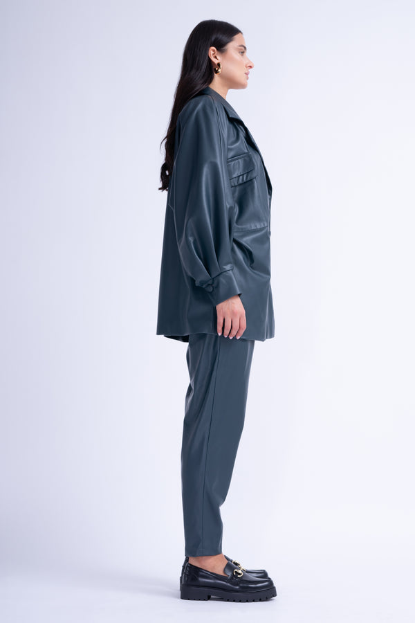 Olive Leather Suit With Oversized Blazer And High-Waist Slim Fit Trousers