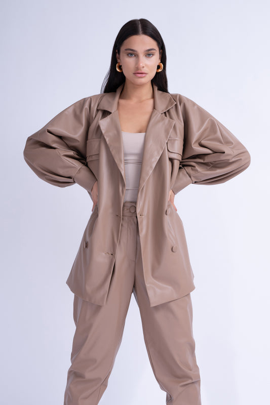 Beige Leather Suit With Oversized Blazer And High-Waist Slim Fit Trousers