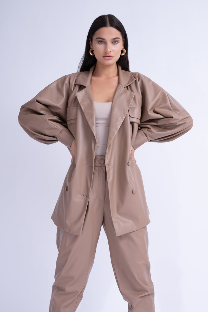 Beige Leather Suit With Oversized Blazer And High-Waist Slim Fit Trousers