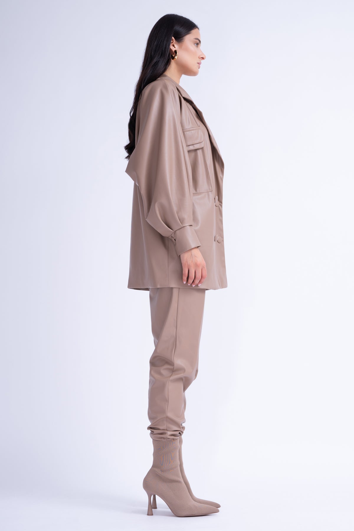 Beige Leather Suit With Oversized Blazer And High-Waist Slim Fit Trousers
