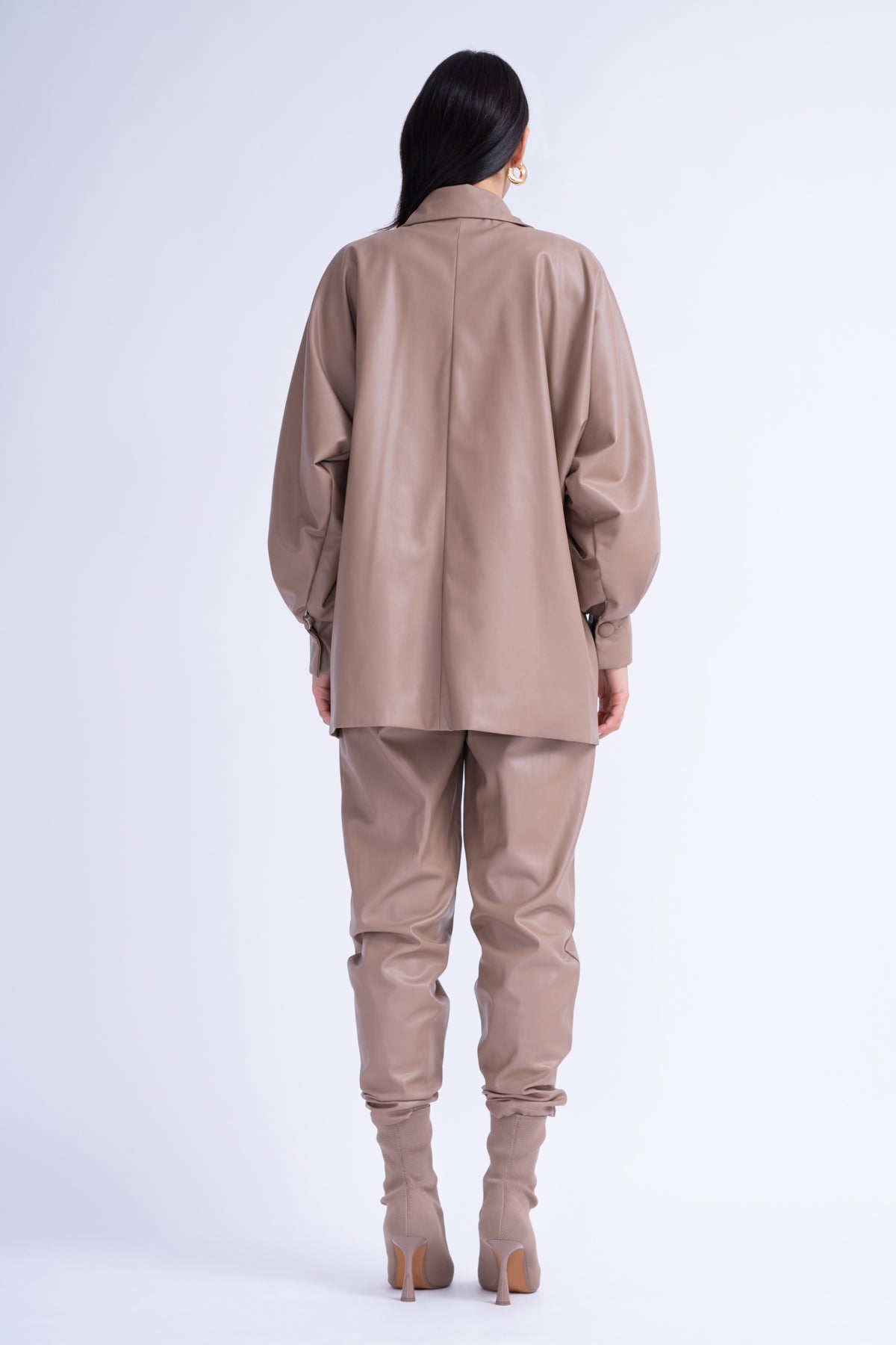 Beige Leather Suit With Oversized Blazer And High-Waist Slim Fit Trousers