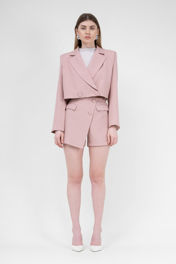 Pastel Pink Suit With Cropped Blazer And Skort