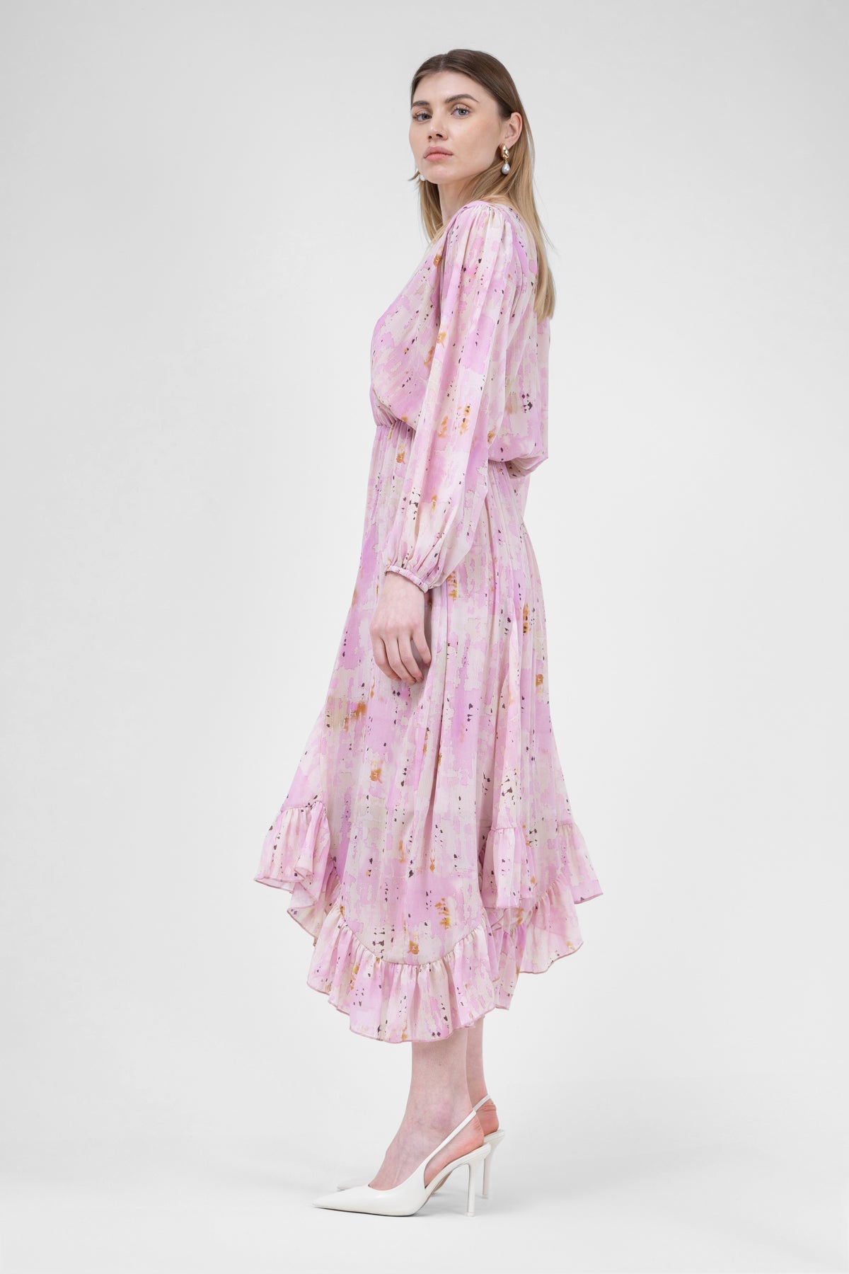 Rochie midi cu clini din voal printat roz