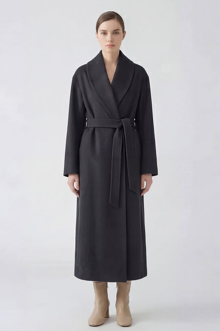 Palton lung cu revere rotunjite din amestec de lână - culoare gri