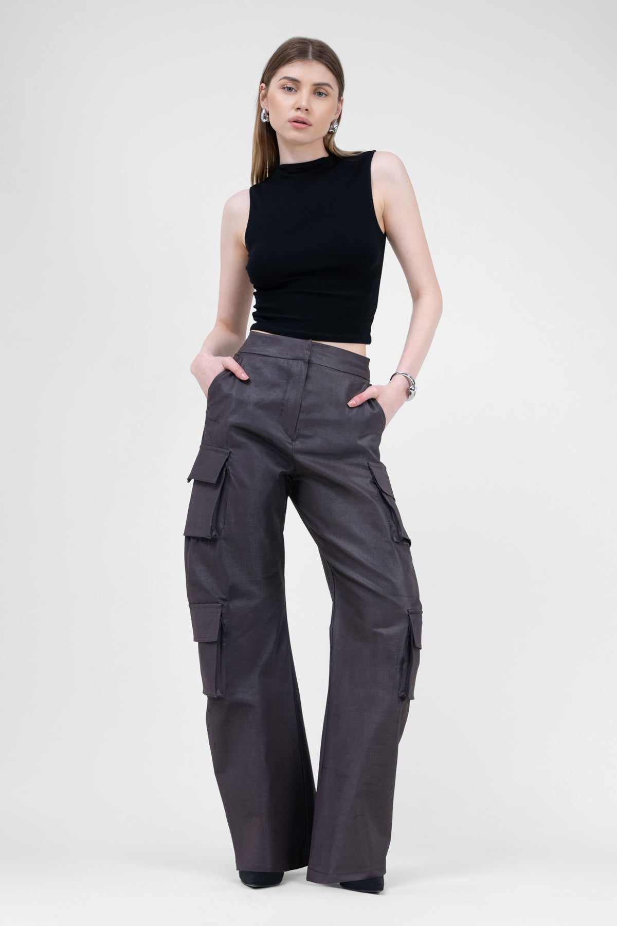 Brown Denim Cargo Trousers With Pockets