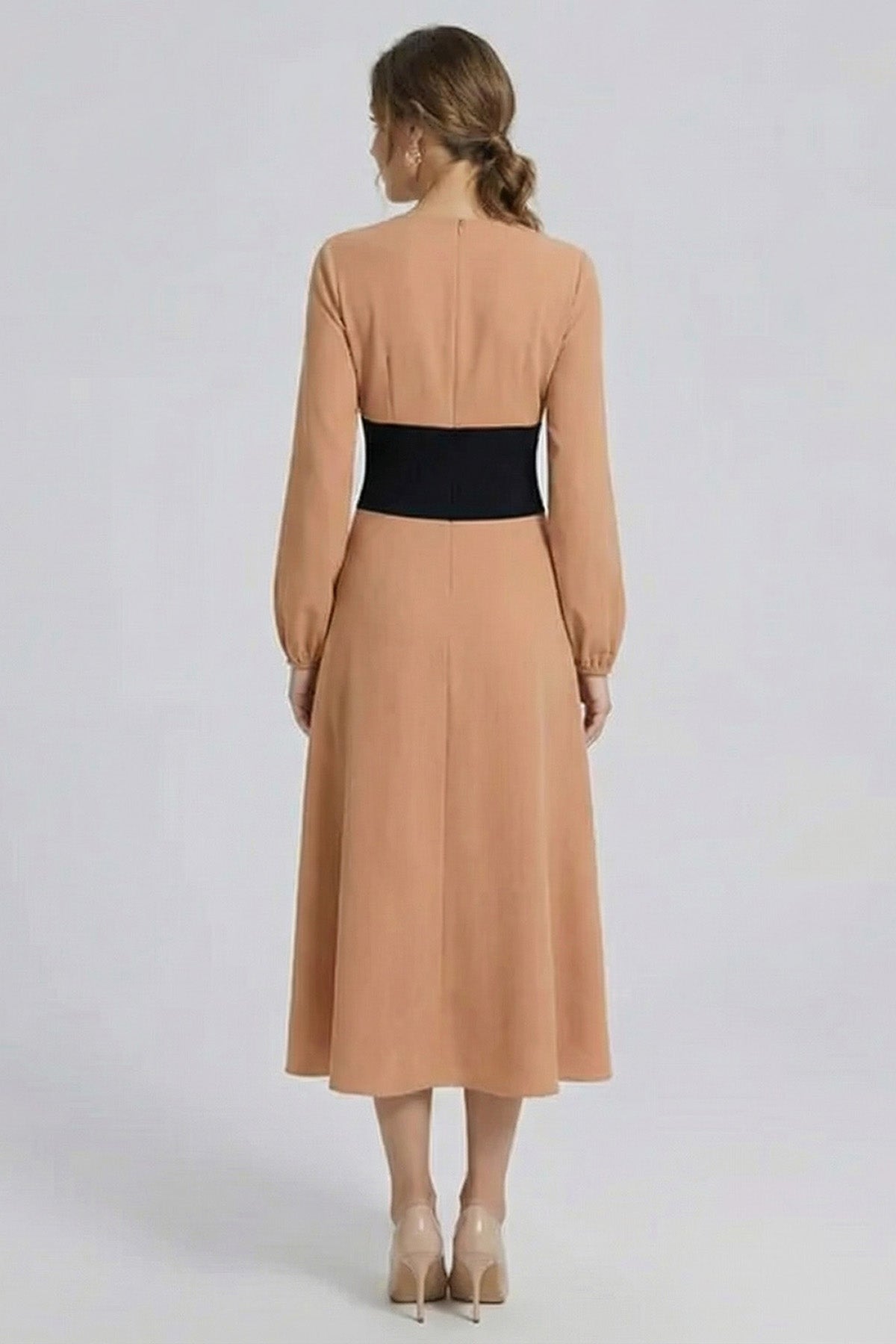 Camel Midi Dress with Defined Waist