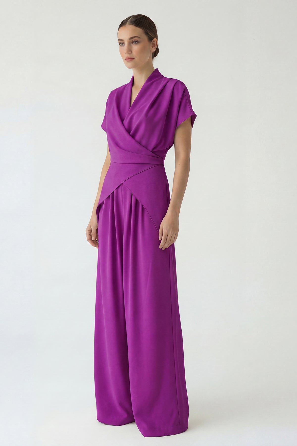 Fuchsia fluid set with a wrap top and wide-leg trousers
