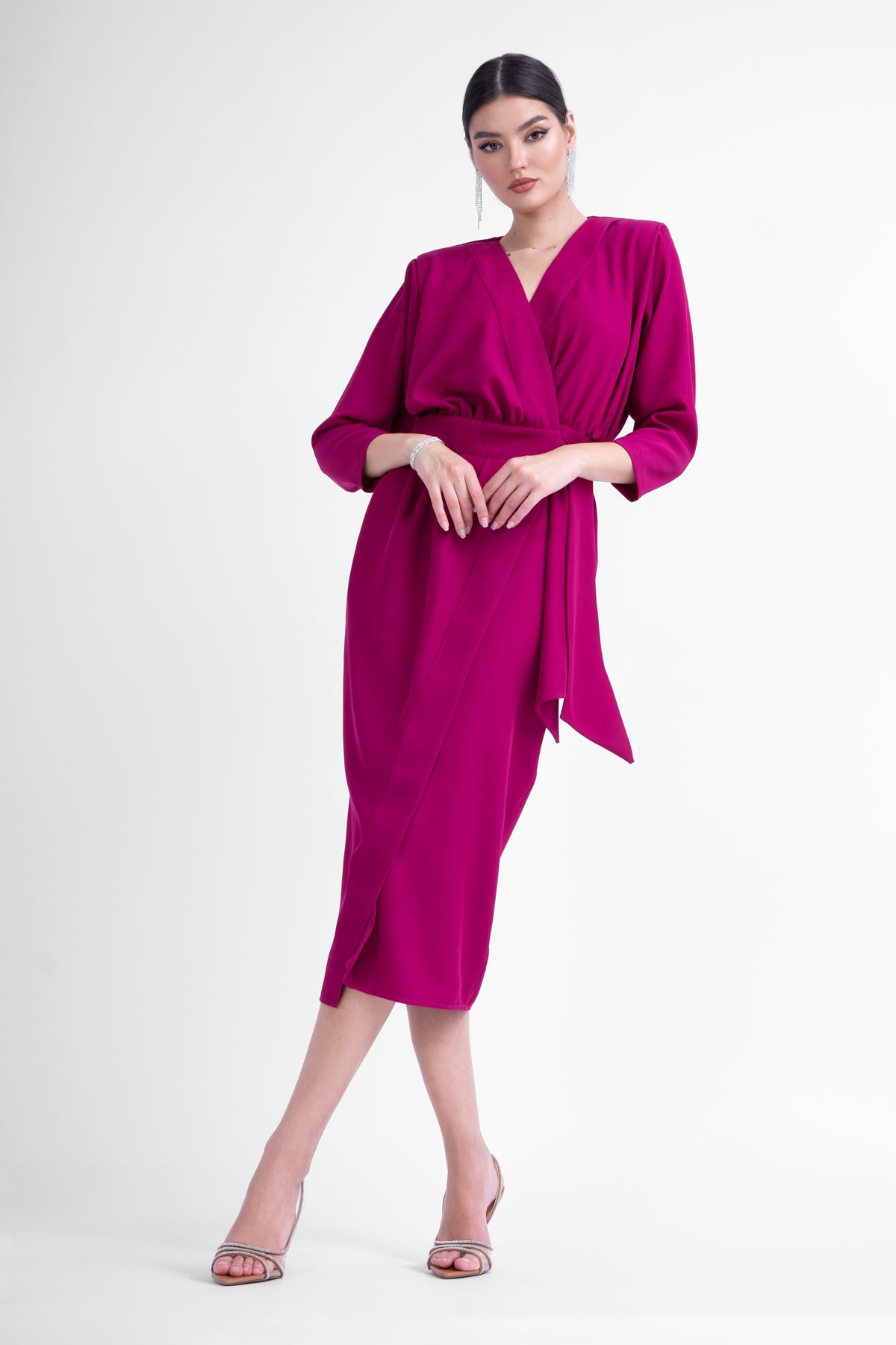 Fuchsia midi dress with draping detailing and waist belt