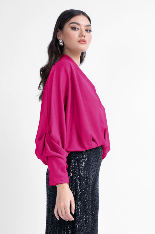 Bluza fuchsia cu maneci drapate si decolteu in V