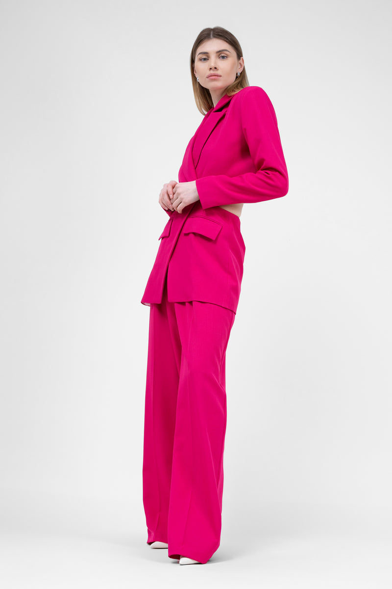 Fuchsia Suit With Blazer With Waistline Cut-Out And Ultra Wide Leg Trousers