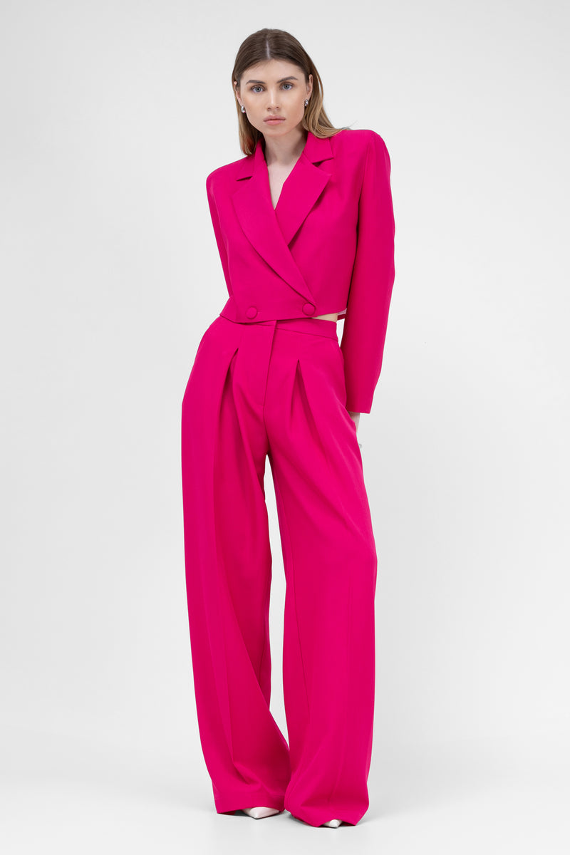 Fuchsia Suit With Cropped Blazer And Ultra Wide Leg Trousers