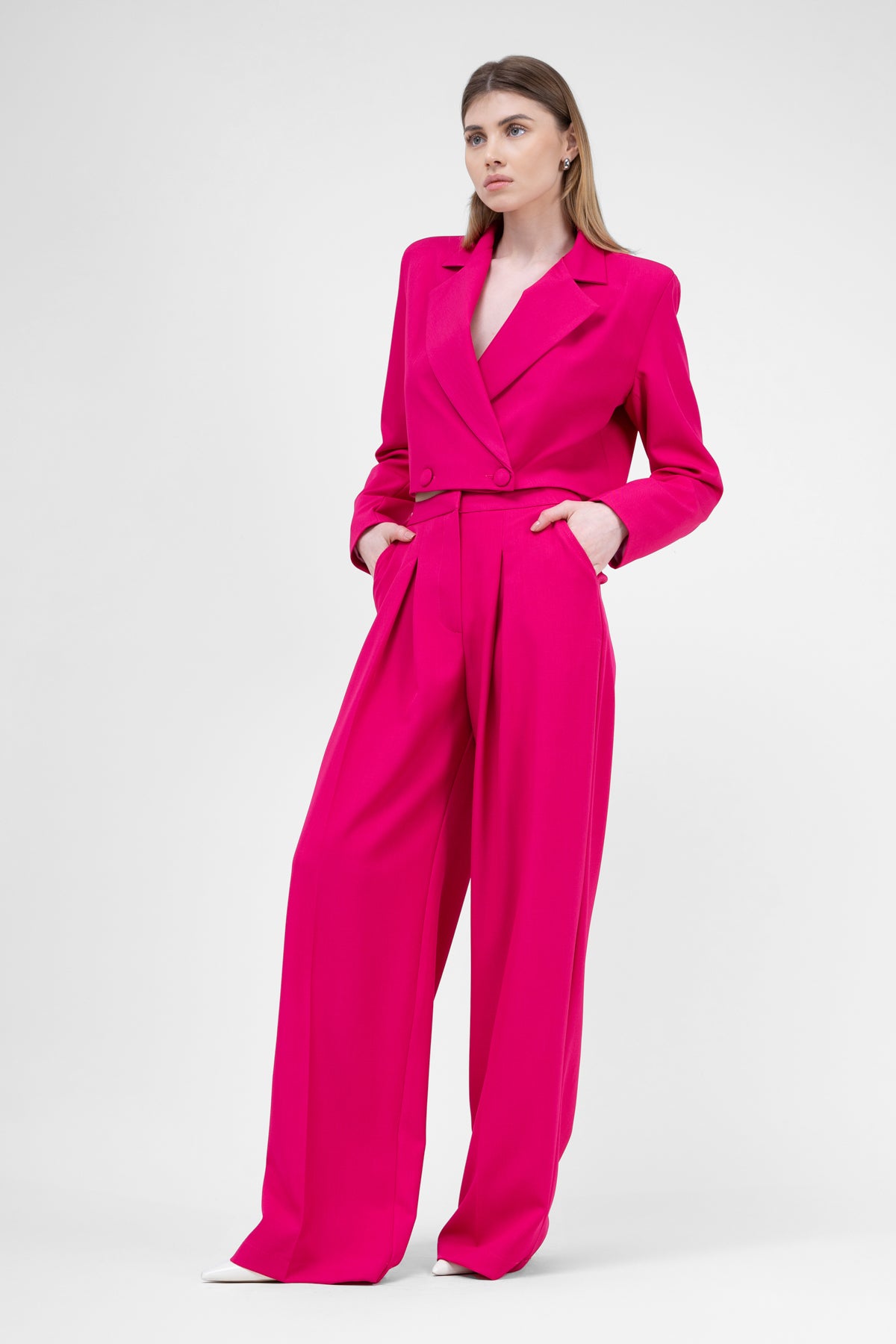 Fuchsia Suit With Cropped Blazer And Ultra Wide Leg Trousers