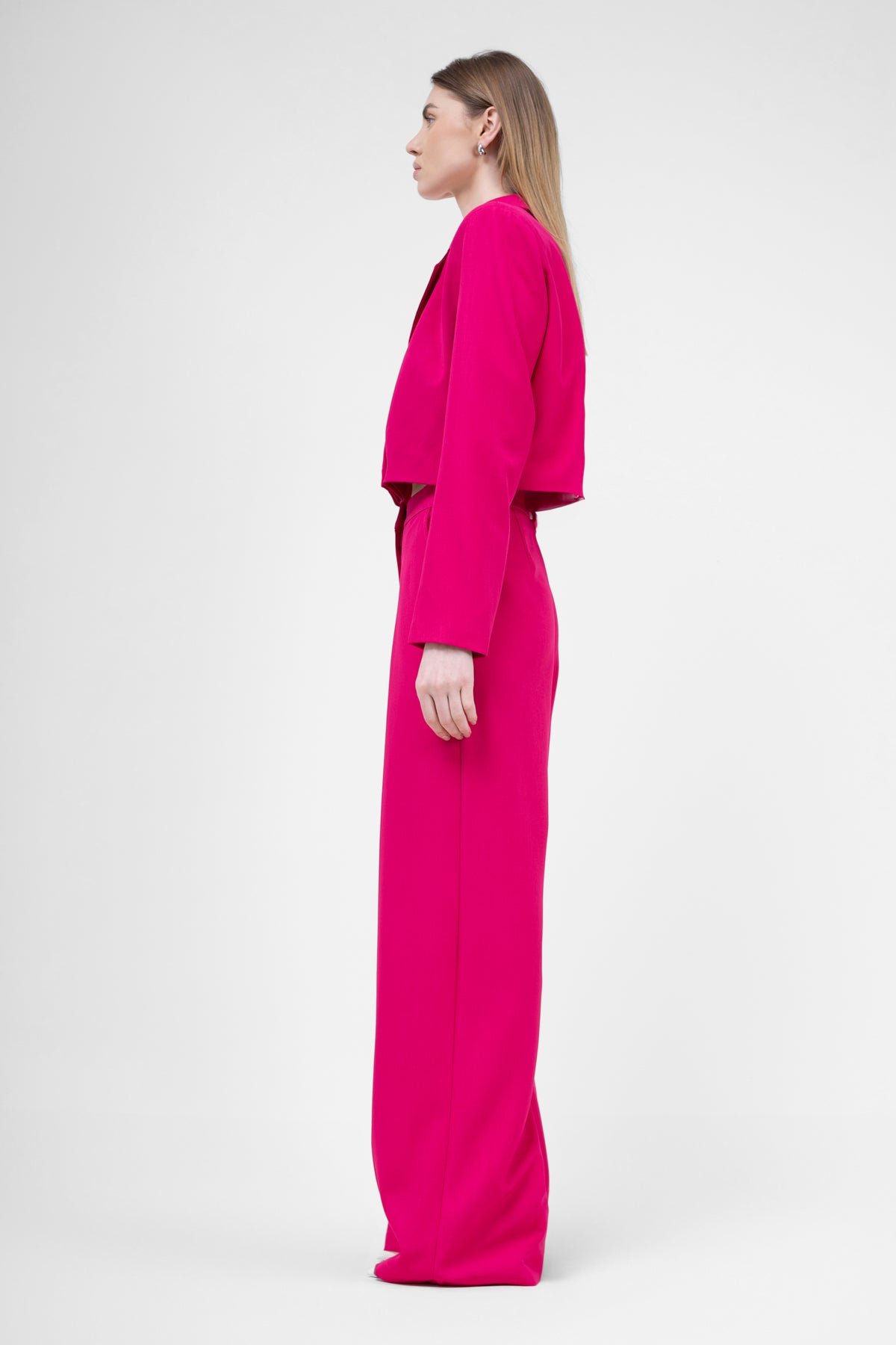Fuchsia Suit With Cropped Blazer And Ultra Wide Leg Trousers