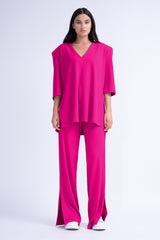 Ribbed Fuchsia Matching Set With Blouse And Trousers With Slit