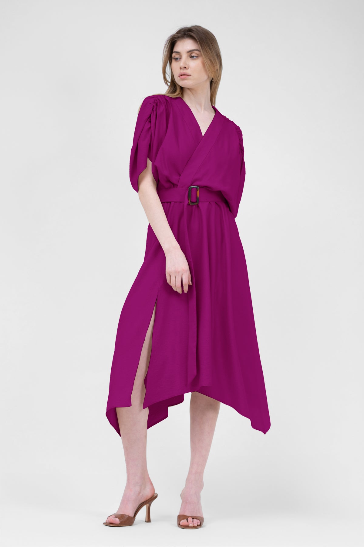 Fuchsia  Linen Midi Dress With Belt