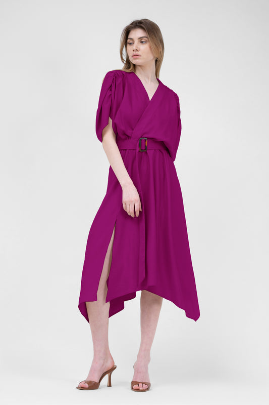 Rochie midi fuchsia din in cu bust drapat si curea