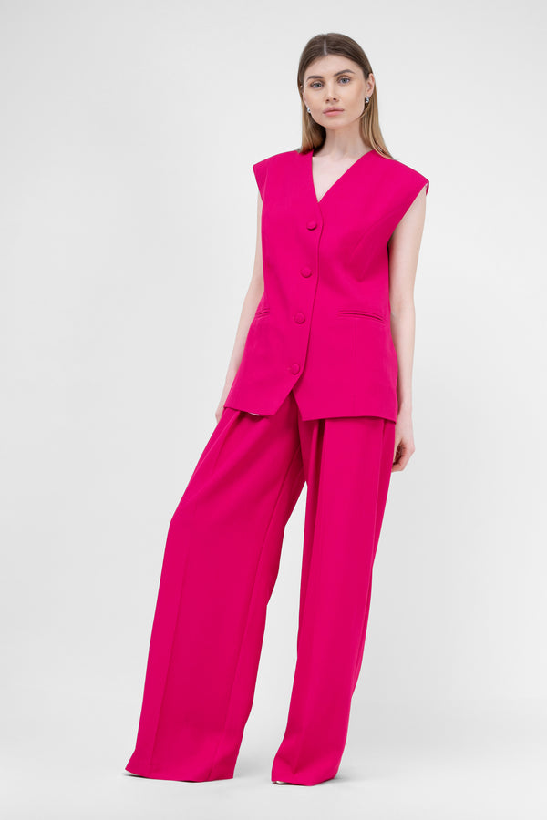 Fuchsia Suit With Oversized Vest And Ultra Wide Leg Trousers