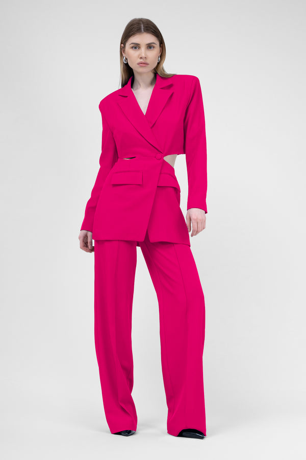 Fuchsia Suit With Blazer With Waistline Cut-Out And Stripe Detail Trousers