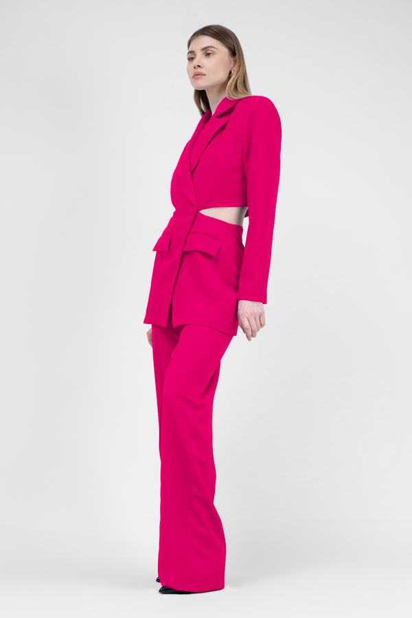 Fuchsia Suit With Blazer With Waistline Cut-Out And Stripe Detail Trousers