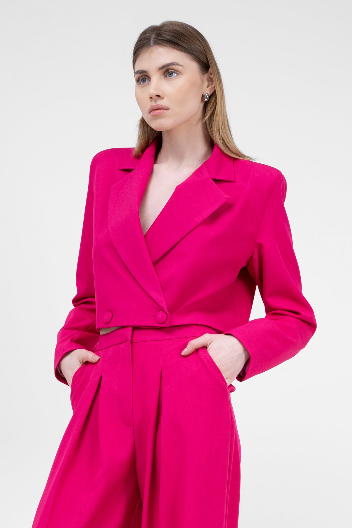 Fuchsia Double Breasted Cropped Blazer