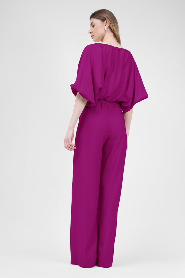 Fuchsia Linen matching set with flowy blouse and wide leg trousers