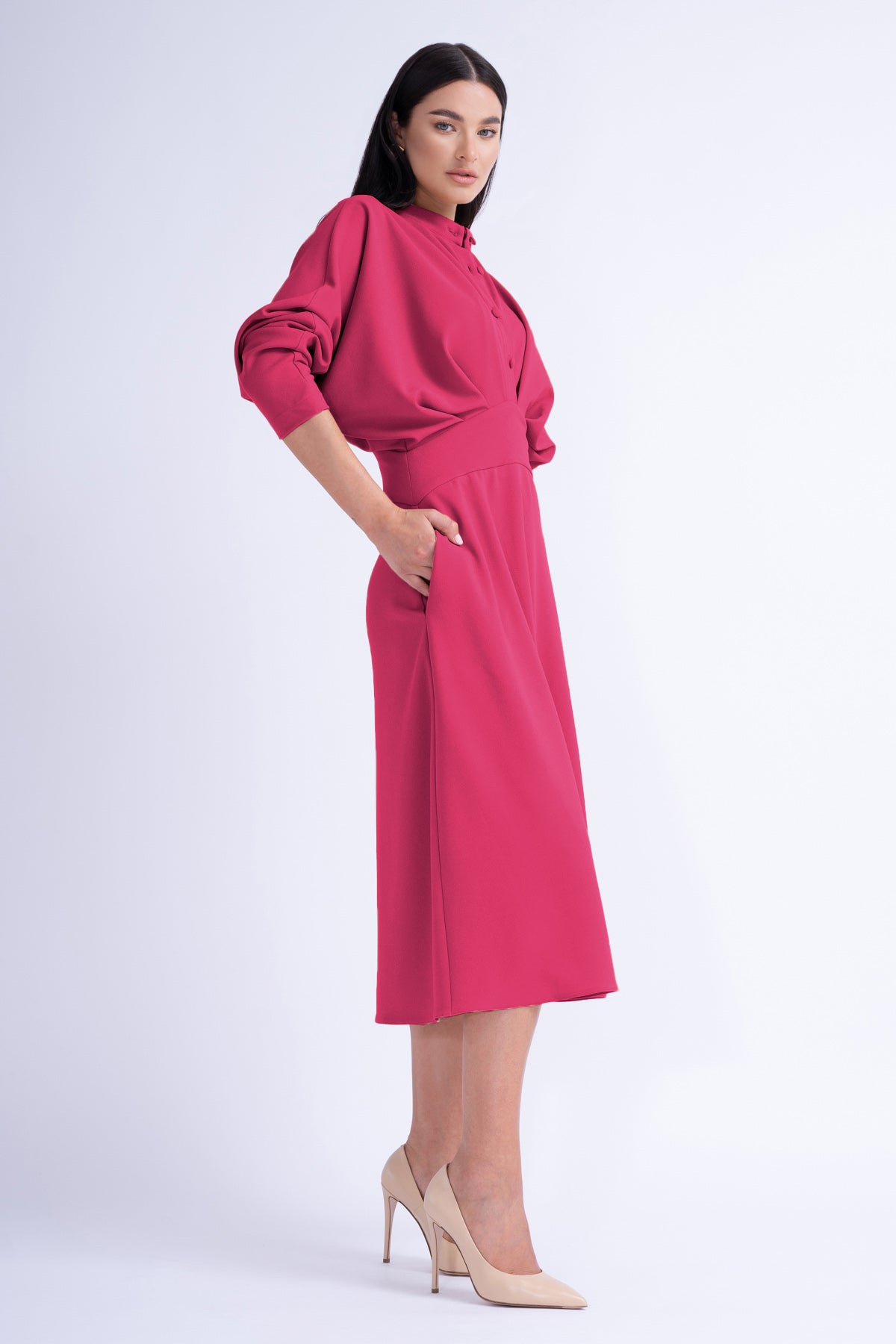 Fuchsia Midi Dress With Draping And Buttons
