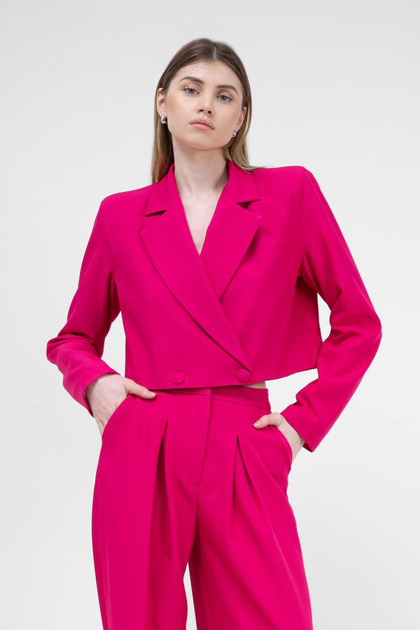 Fuchsia Suit With Cropped Blazer And Ultra Wide Leg Trousers