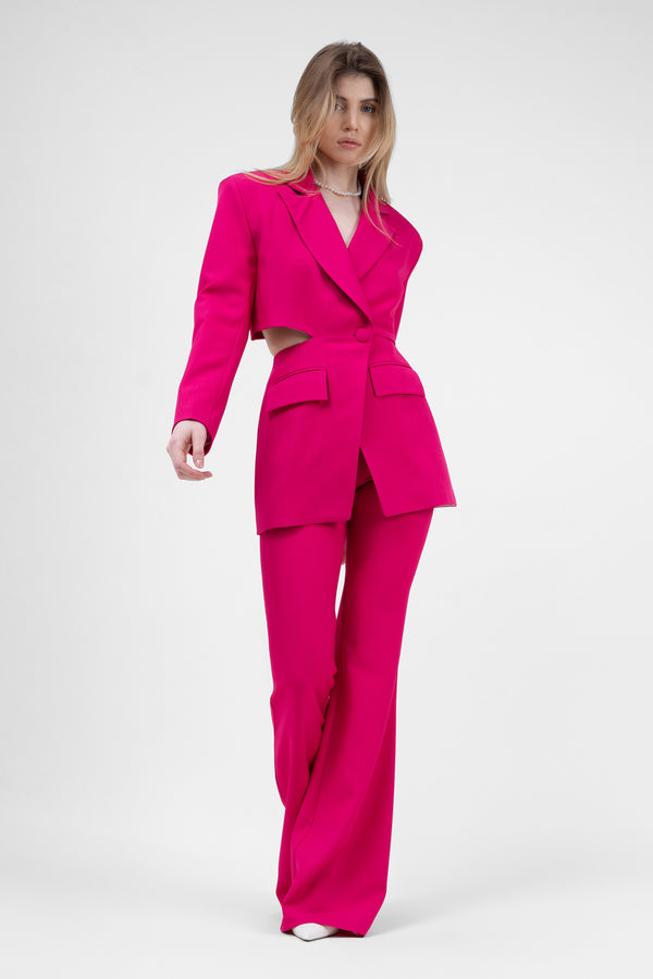 Fuchsia Suit With Blazer With Waistline Cut-Out And Flared Trousers