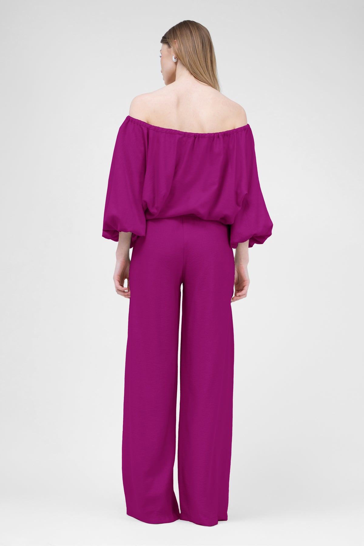 Fuchsia Linen matching set with flowy blouse and wide leg trousers