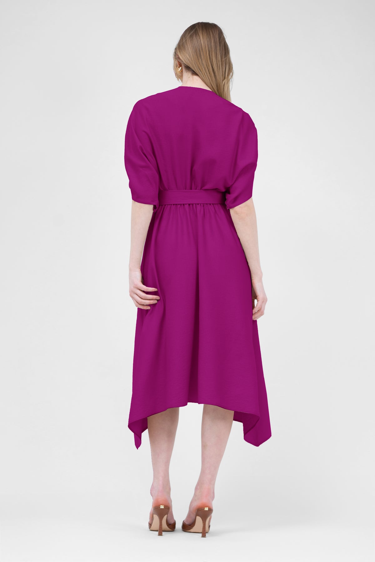 Fuchsia  Linen Midi Dress With Belt