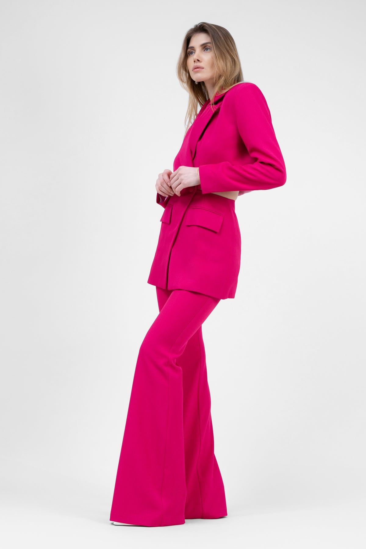 Fuchsia Suit With Blazer With Waistline Cut-Out And Flared Trousers