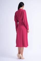 Fuchsia Midi Dress With Draping And Buttons