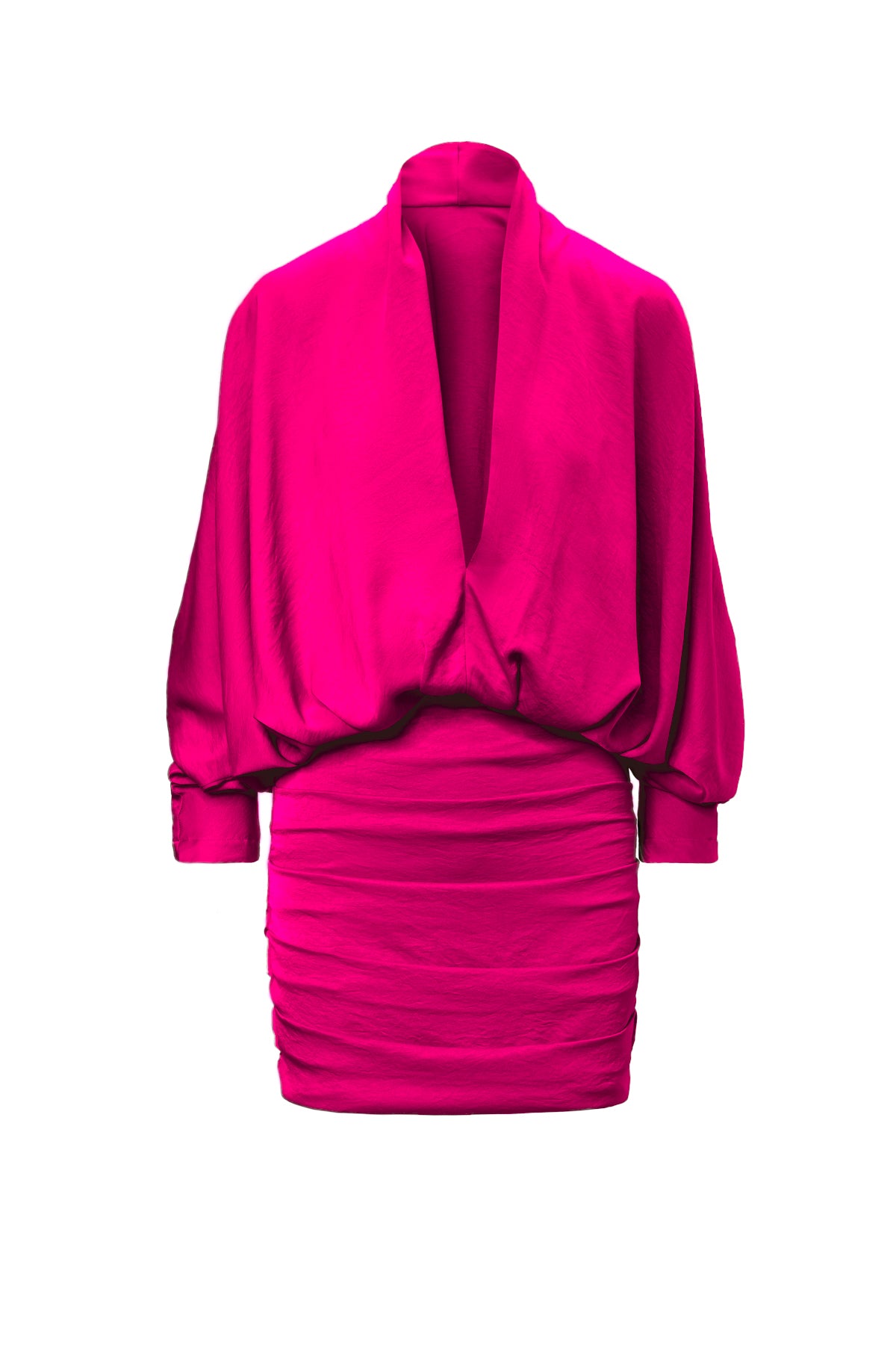 Fuchsia Mini Dress With Draping Detailing And Wide Sleeves
