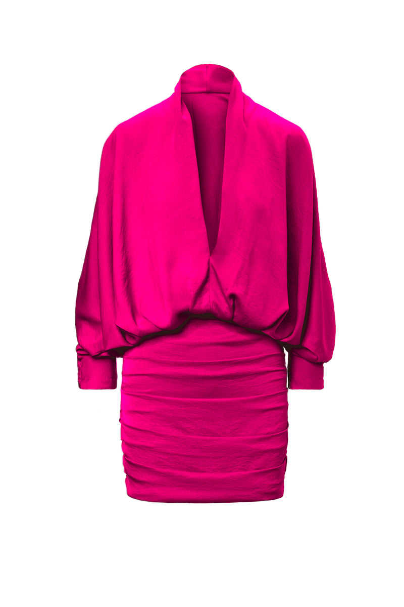 Fuchsia Mini Dress With Draping Detailing And Wide Sleeves