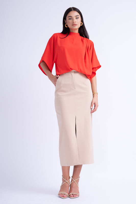 Beige Straight-Cut Skirt With Slit