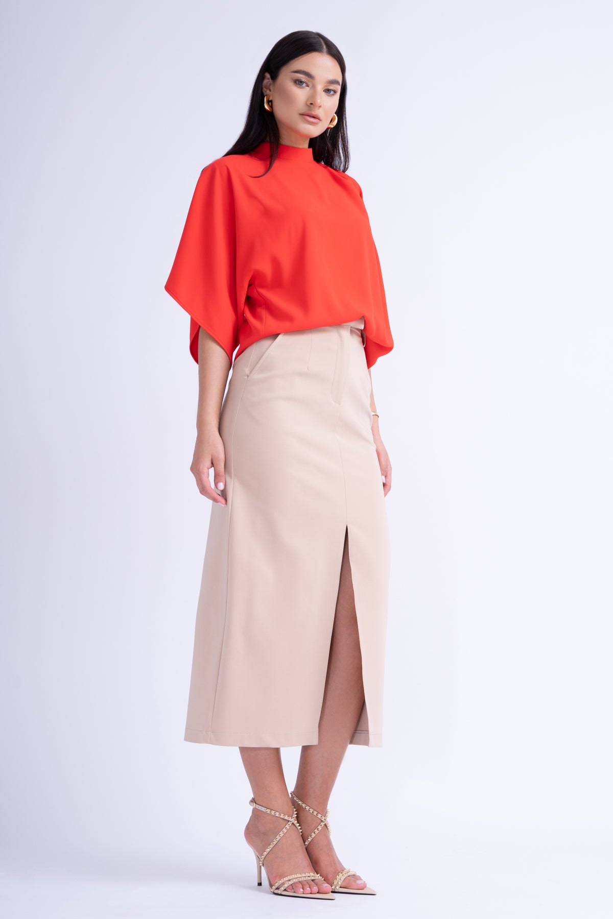 Beige Straight-Cut Skirt With Slit