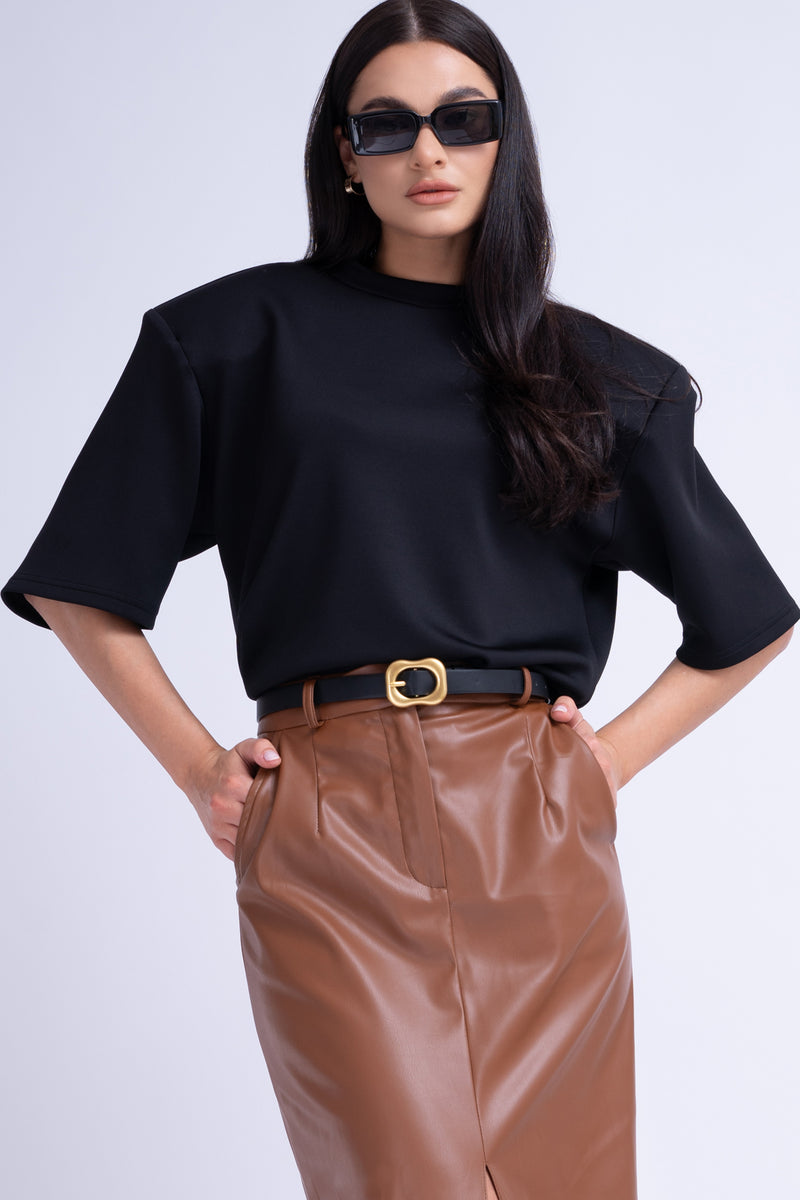 Brown Leather Straight-cut Skirt With Slit