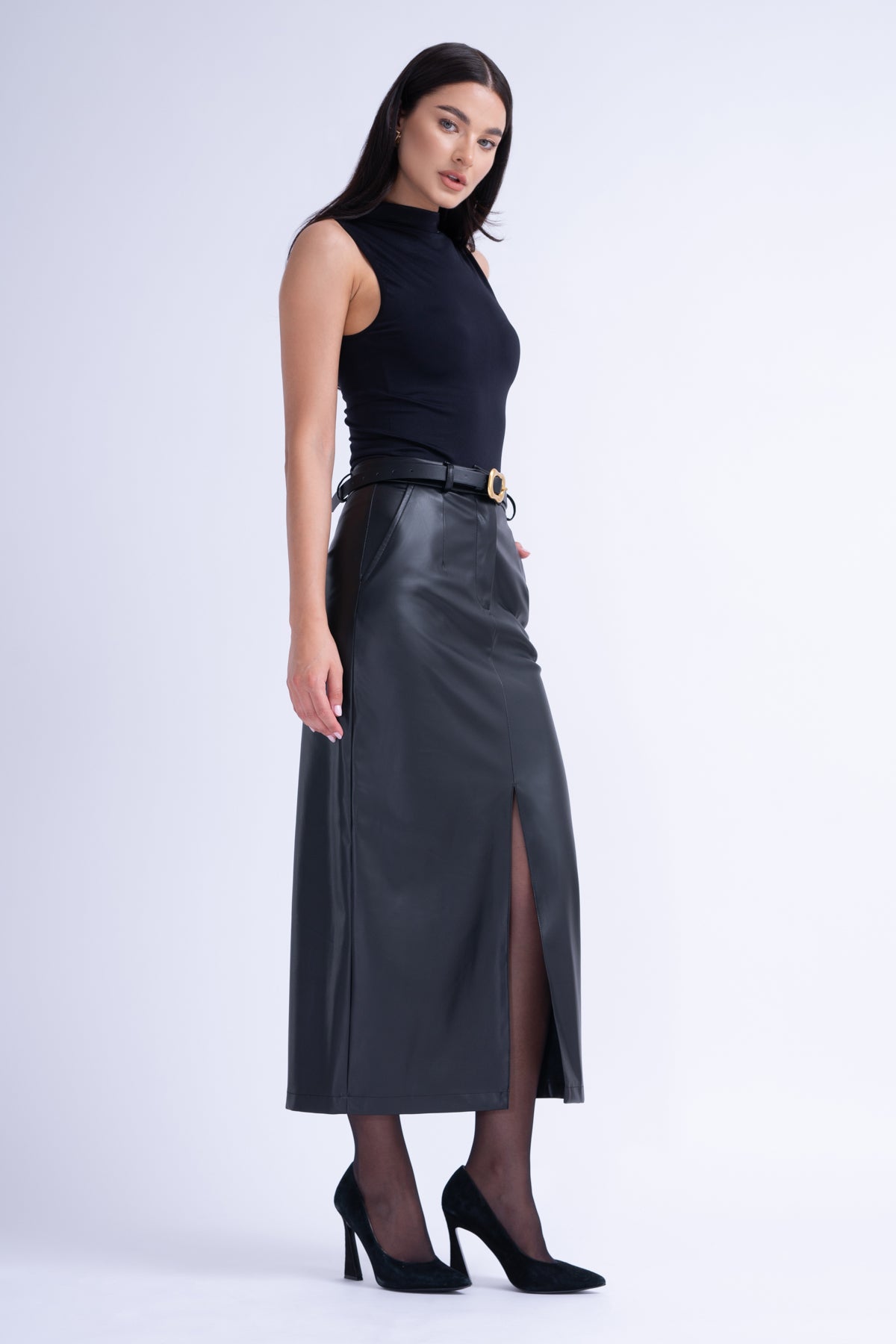 Black Leather Straight-Cut Skirt With Slit